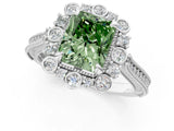 Platinum Fancy Green Radiant  Halo Milgrain Pave Diamond Ring with Four-Prong Setting 2
