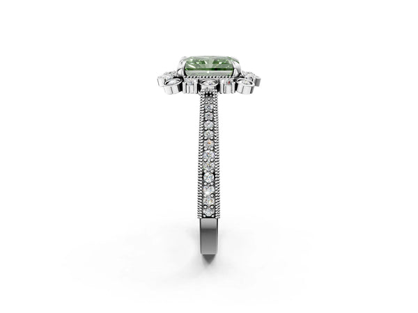 Platinum Fancy Green Radiant  Halo Milgrain Pave Diamond Ring with Four-Prong Setting