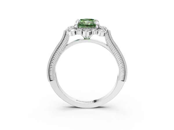 Platinum Fancy Green Radiant  Halo Milgrain Pave Diamond Ring with Four-Prong Setting