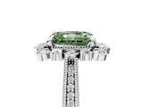 Platinum Fancy Green Radiant  Halo Milgrain Pave Diamond Ring with Four-Prong Setting