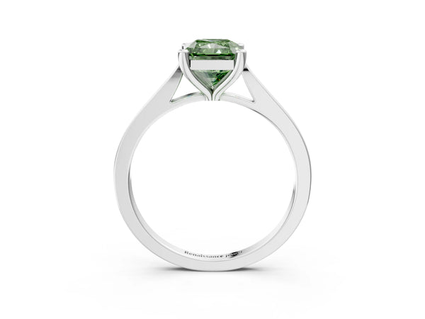 Platinum Fancy Green Radiant  Solitaire Diamond Ring with Four-Prong Setting and Tapered Band