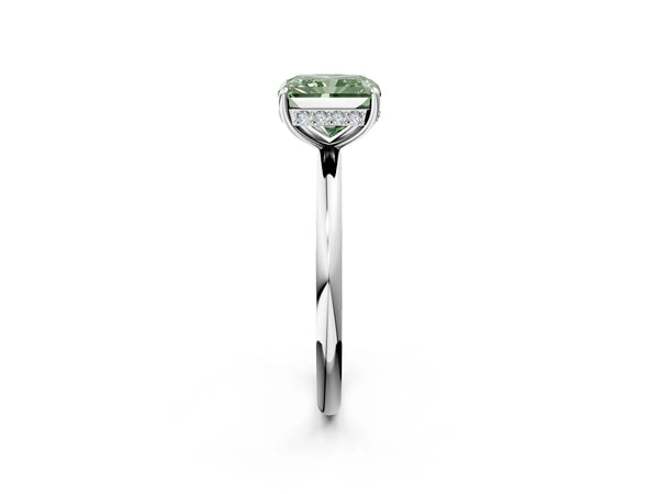 Platinum Fancy Green Radiant  Solitaire Diamond Ring with a Classic Band and Four-Prong Setting