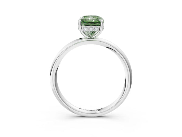 Platinum Fancy Green Radiant  Solitaire Diamond Ring with a Classic Band and Four-Prong Setting