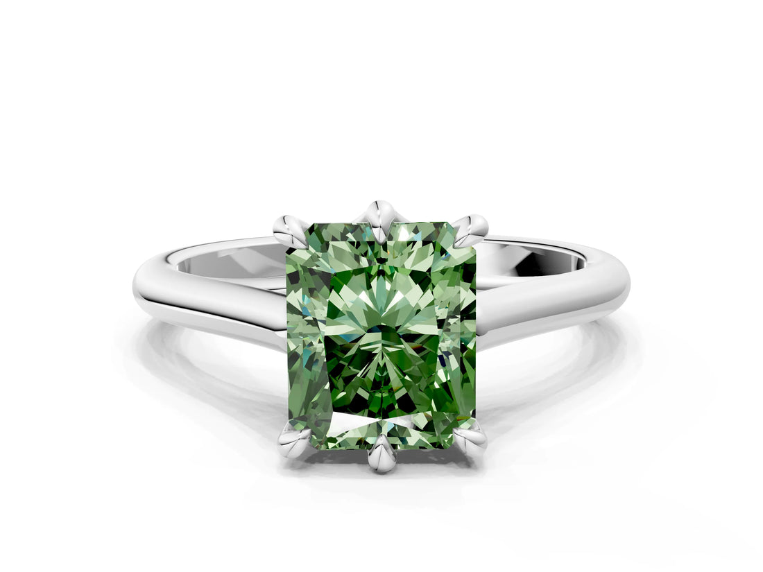 Platinum Fancy Green Radiant  Solitaire Engagement Ring with Six-Prong Setting and Classic Band
