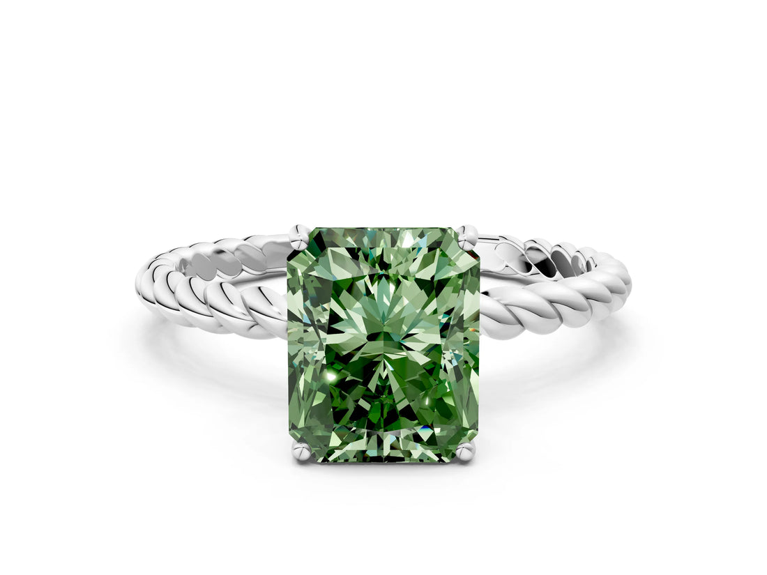 Platinum Fancy Green Radiant  Solitaire Twist Band Ring with Four-Prong Setting_1