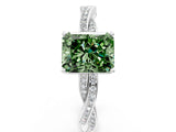 Platinum Fancy Green Radiant  Solitaire Twisted Pave Diamond Ring with Four-Prong Setting