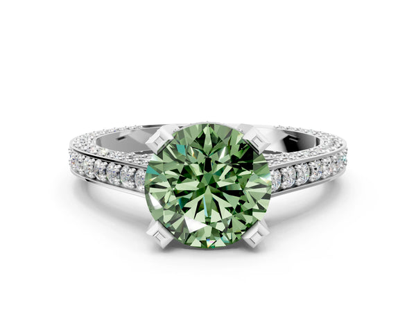 Platinum Fancy Green Round Cut Brilliant Split Shank Pave Solitaire Ring with Four-Prong Setting