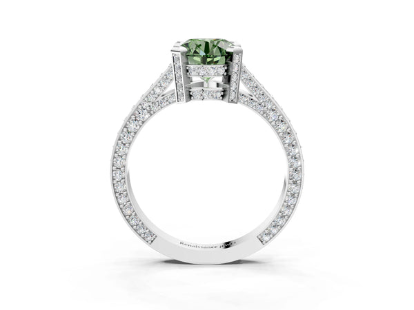 Platinum Fancy Green Round Cut Brilliant Split Shank Pave Solitaire Ring with Four-Prong Setting