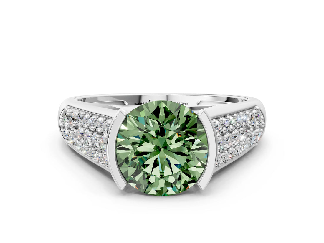 Platinum Fancy Green Round Cut Cut Diamond Channel Set Pave Band with Tension Prong Setting_6