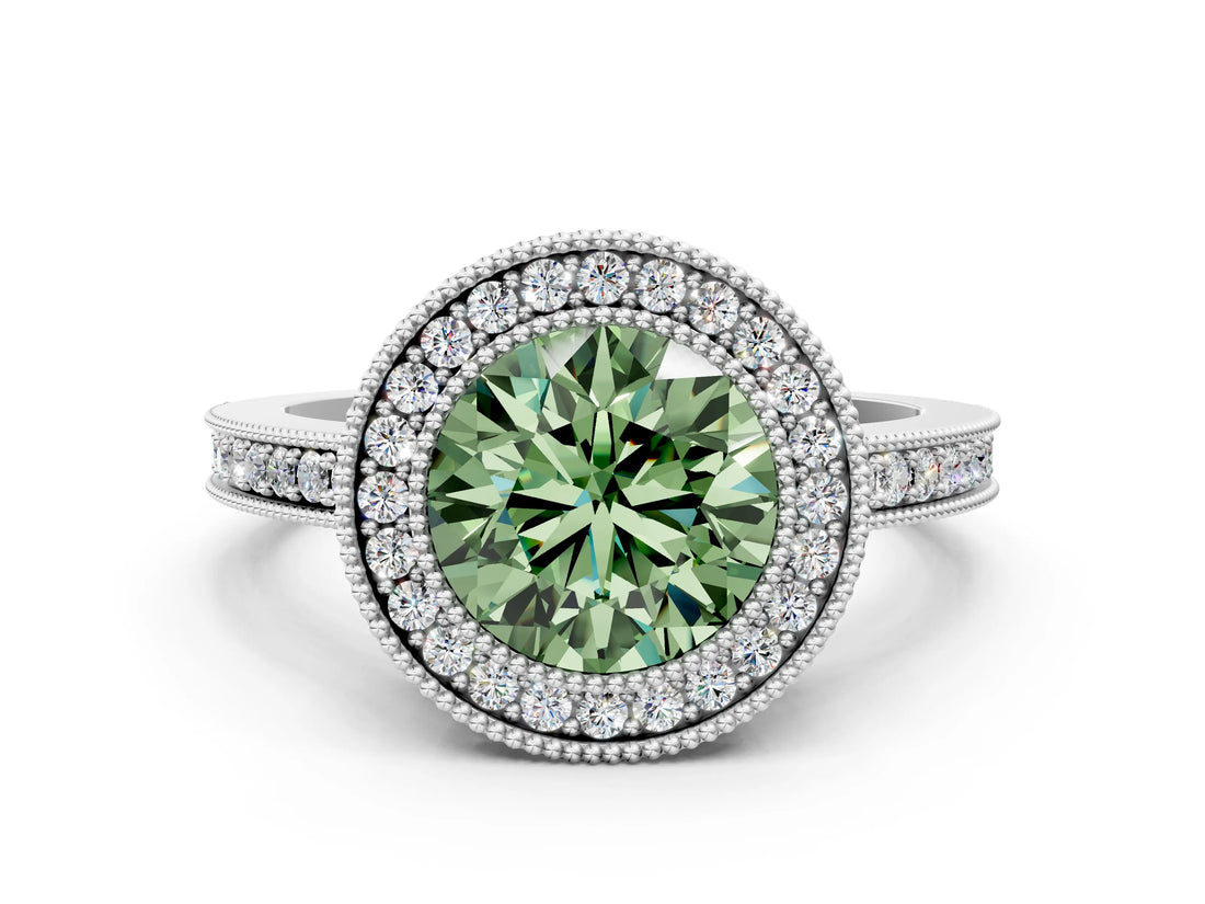 Platinum Fancy Green Round Cut Cut Halo Pavé Diamond Ring_6