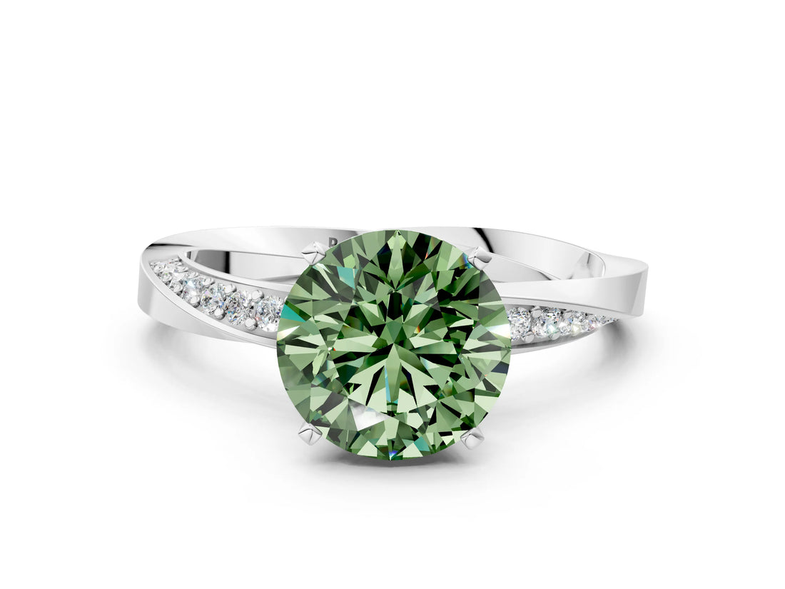 Platinum Fancy Green Round Cut Diamond Engagement Ring with Side Stone Accents and Four-Prong Setting