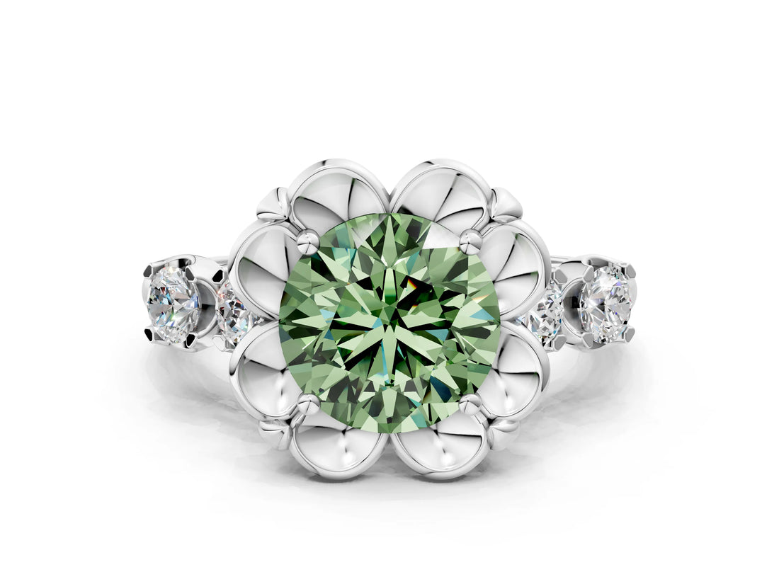 Platinum Fancy Green Round  Cut Diamond Floral Halo Engagement Ring with Shared Prong Setting 1