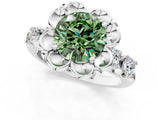 Platinum Fancy Green Round  Cut Diamond Floral Halo Engagement Ring with Shared Prong Setting 2