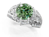 Platinum Fancy Green Round Cut Diamond Halo Ring with Split Shank and Bezel Accents and Four-Prong Setting_7