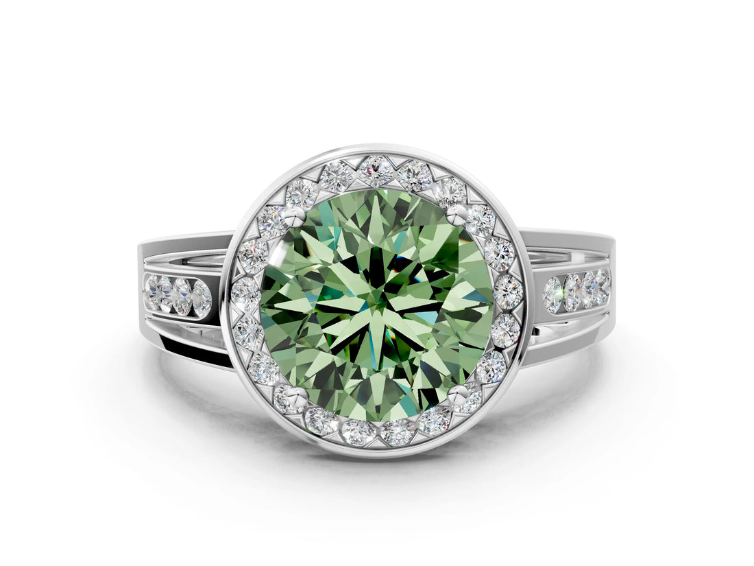 Platinum Fancy Green Round Cut Diamond Halo Ring with Split Shank and Bezel Accents and Prong Setting_12