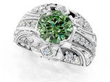 Platinum Fancy Green Round Cut Diamond Pave Art Deco Split Shank Ring with Four-Prong Setting_7