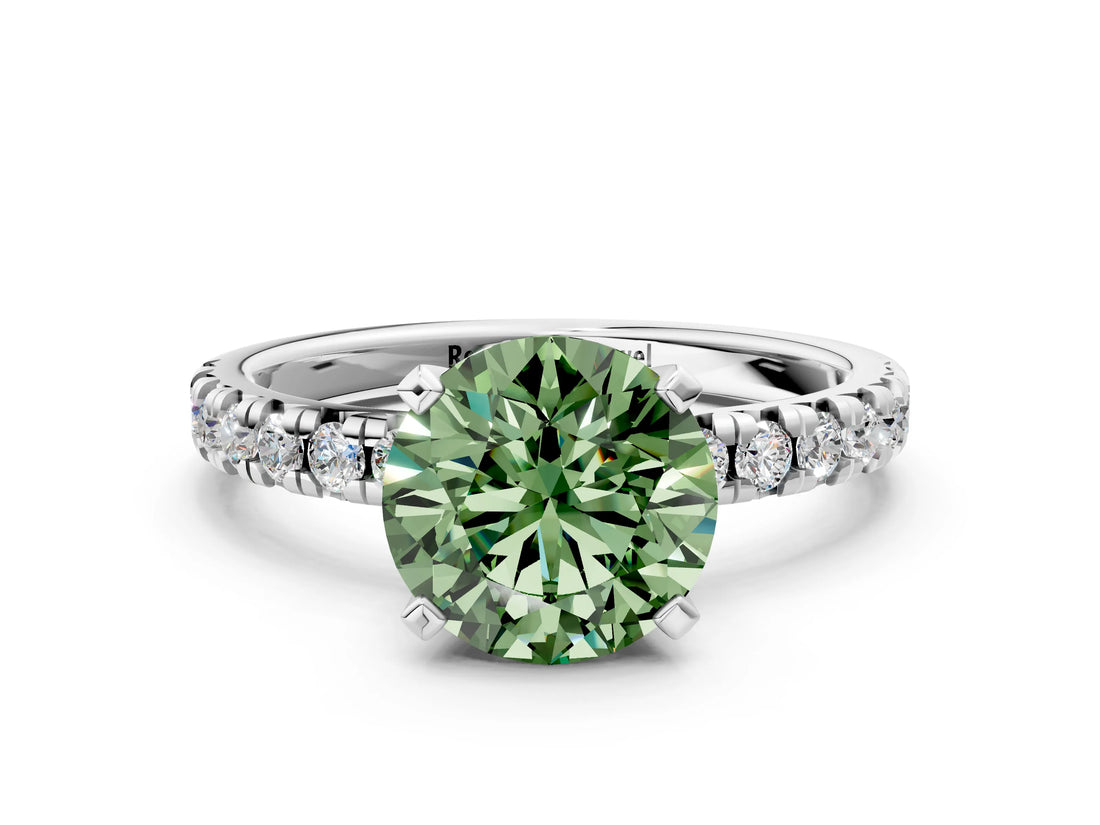 Platinum Fancy Green Round Cut Diamond Solitaire Pavé Engagement Ring with Round Band and Prong Setting_2