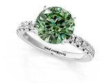 Platinum Fancy Green Round Cut Diamond Solitaire Pavé Engagement Ring with Round Band and Prong Setting_3