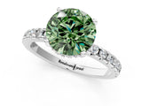 Platinum Fancy Green Round Cut Diamond Solitaire Ring with Round  Pavé Band and Four-Prong Setting_13