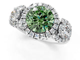 Platinum Fancy Green Round Cut Diamond Three-Stone Halo Ring with Prong Setting and Pavé Accents_13
