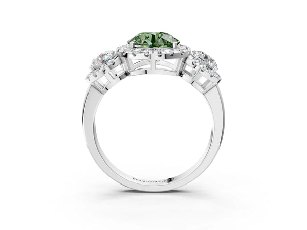Platinum Round Three Stone Halo Engagement Ring Setting for Fancy Green Center