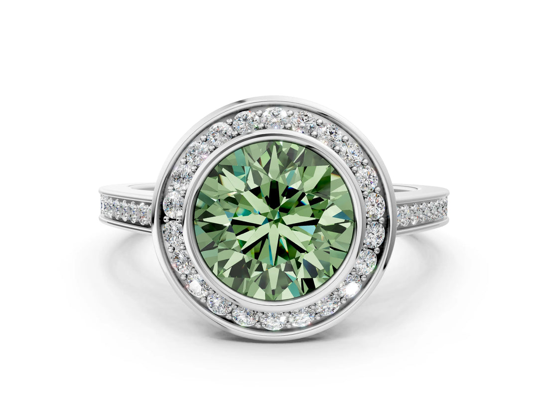 Platinum Fancy Green Round Cut Halo Bezel Diamond Pave Band Ring_6