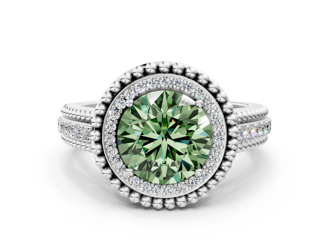 Platinum Fancy Green Round Cut Halo Diamond Ring with Beaded Split Shank and Four-Prong Setting_6