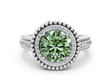 Platinum Fancy Green Round Cut Halo Diamond Ring with Beaded Split Shank and Four-Prong Setting_6