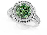 Platinum Fancy Green Round Cut Halo Diamond Ring with Beaded Split Shank and Four-Prong Setting_7