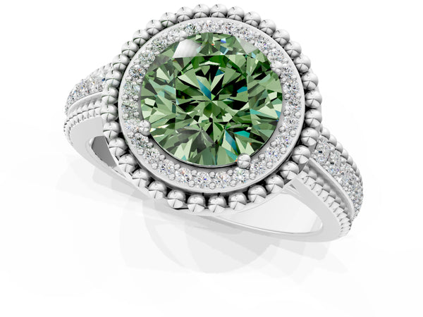 Platinum Round Beaded Halo Engagement Ring Setting for Fancy Green Center with Pave