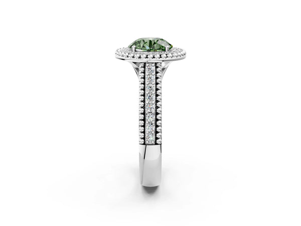 Platinum Round Beaded Halo Engagement Ring Setting for Fancy Green Center with Pave