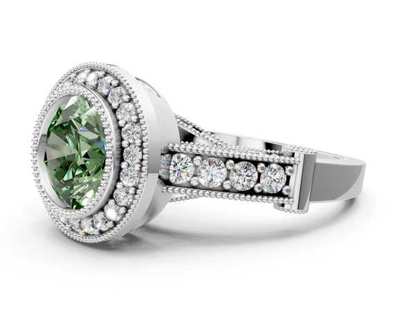 Platinum Round Vintage Bezel Halo Engagement Ring Setting for Fancy Green Center