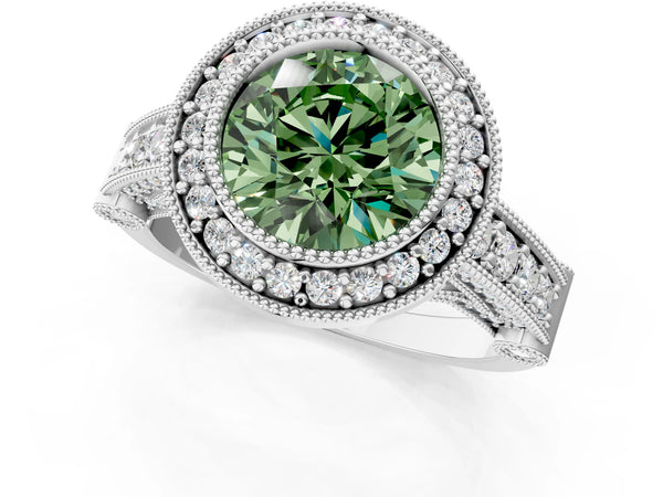 Platinum Round Vintage Bezel Halo Engagement Ring Setting for Fancy Green Center