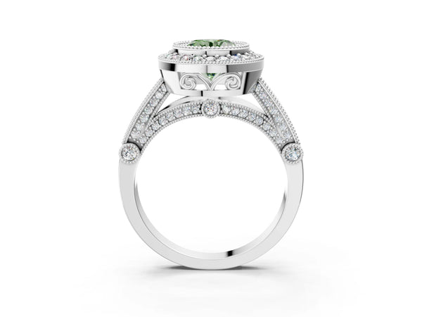 Platinum Round Vintage Bezel Halo Engagement Ring Setting for Fancy Green Center