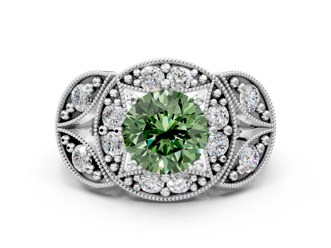 Platinum Fancy Green Round Cut Halo Milgrain Diamond Engagement Ring with Leaf Band and Four-Prong Setting_12