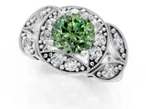 Platinum Fancy Green Round Cut Halo Milgrain Diamond Engagement Ring with Leaf Band and Four-Prong Setting_13