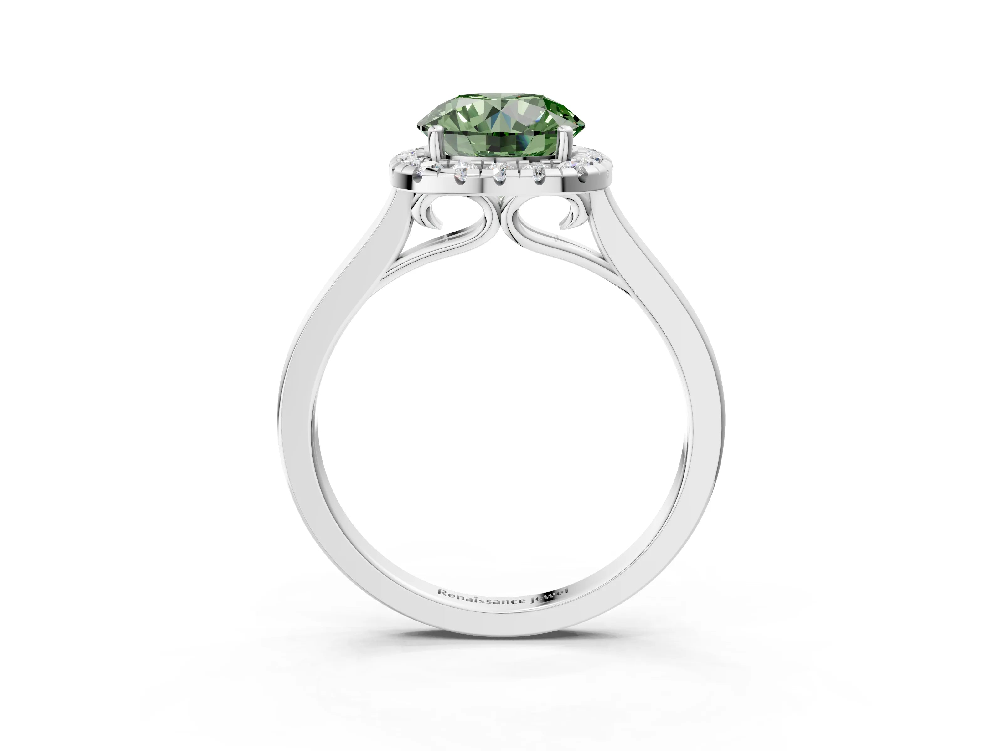 Platinum Fancy Green Round Cut Halo Round Diamond Solitaire Ring with Pavé Band and Four-Prong Setting_27
