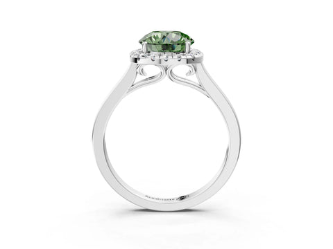 Platinum Fancy Green Round Cut Halo Round Diamond Solitaire Ring with Pavé Band and Four-Prong Setting_27