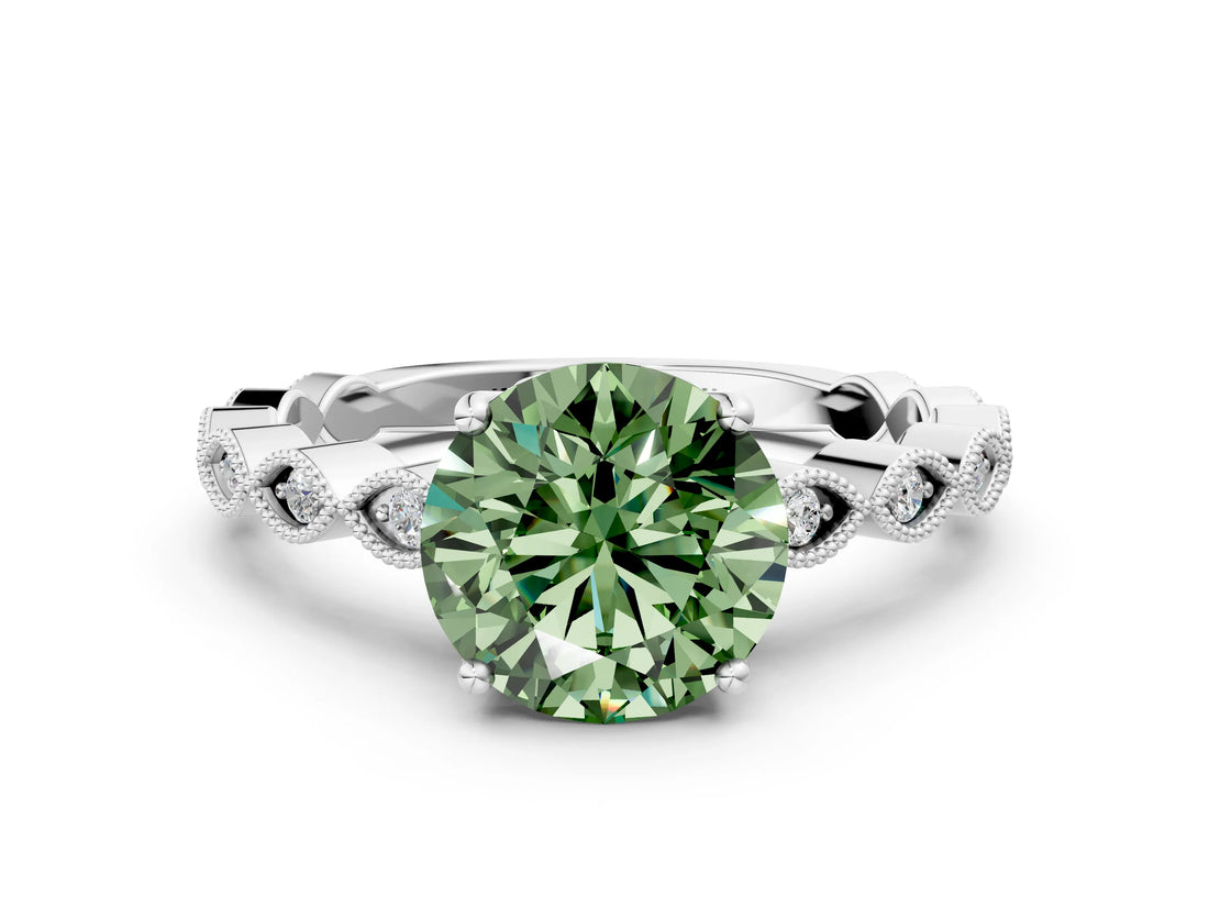 Platinum Fancy Green Round Cut Solitaire Diamond Ring with Infinity Twist Band and Four-Prong Setting_36