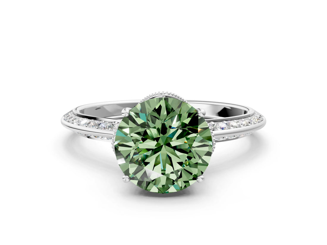 Platinum Fancy Green Round Cut Solitaire Split Shank Pave Diamond Engagement Ring with Four-Prong Setting_84