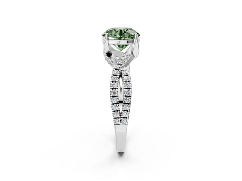 Platinum Fancy Green Round Cut Solitaire Twist Pave Diamond Engagement Ring with Prong Setting_44