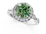 Platinum Fancy Green Round  Halo Diamond Engagement Ring with Twisted Band and Four-Prong Setting 1