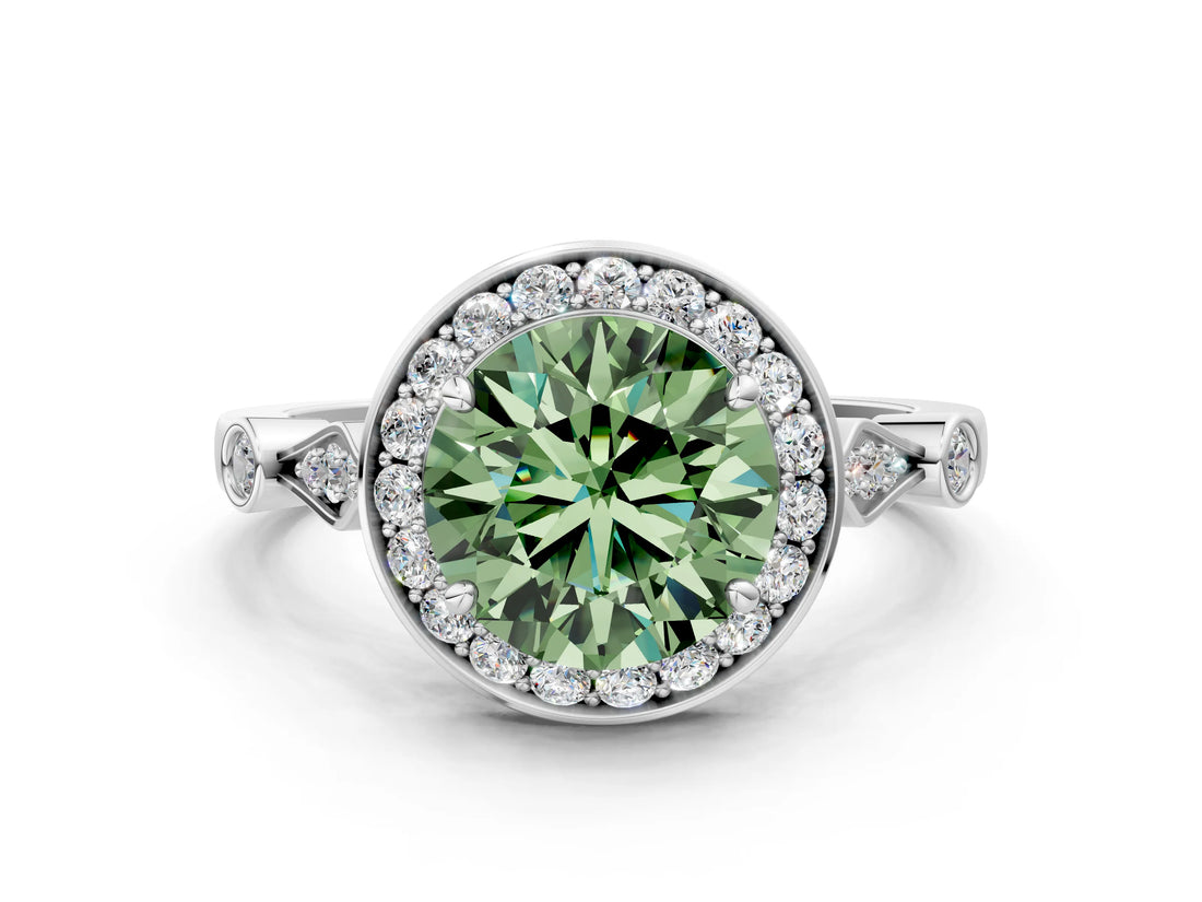 Platinum Fancy Green Round  Halo Diamond Engagement Ring with Twisted Band and Four-Prong Setting