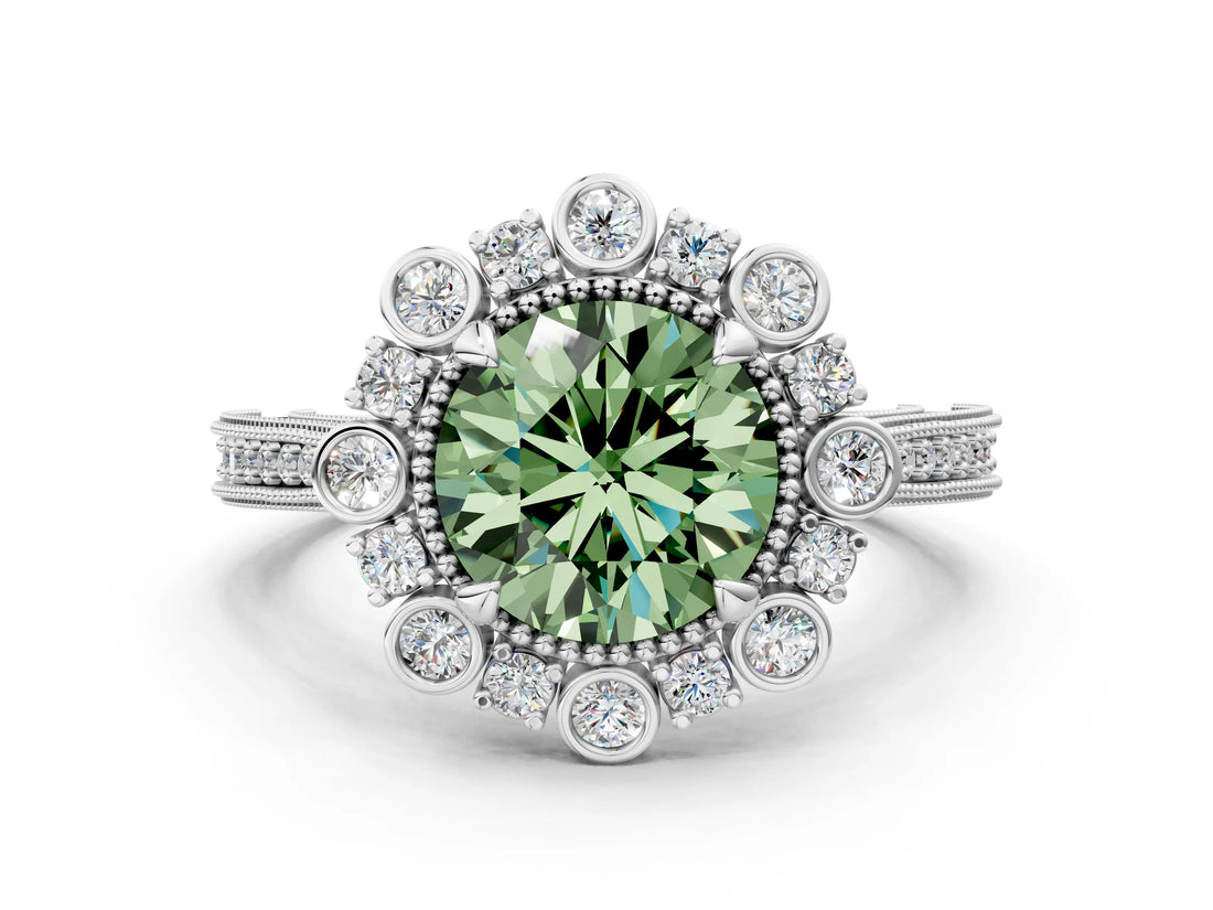 Platinum Fancy Green Round  Halo Milgrain Pave Diamond Ring with Four-Prong Setting