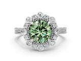 Platinum Fancy Green Round  Halo Milgrain Pave Diamond Ring with Four-Prong Setting