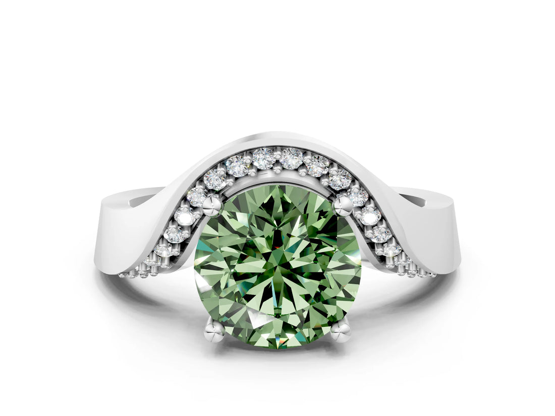 Platinum Fancy Green Round  Solitaire Diamond Engagement Ring with Pave Band and Four-Prong Setting 1