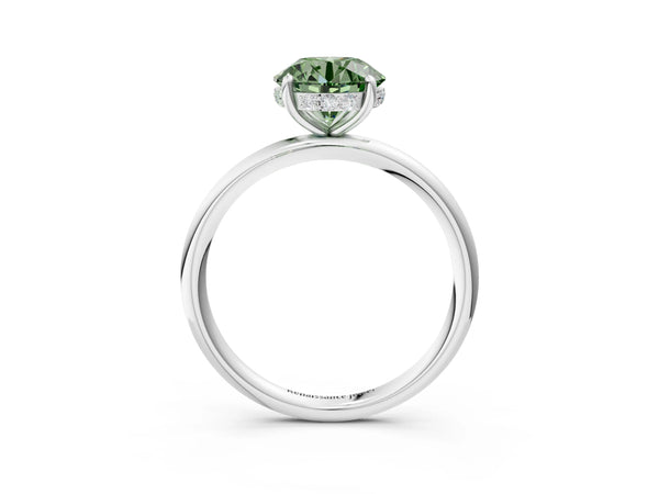 Platinum Fancy Green Round  Solitaire Diamond Ring with a Classic Band and Four-Prong Setting