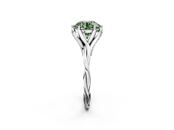 Platinum Fancy Green Round  Solitaire Twist Band Six-Prong Setting