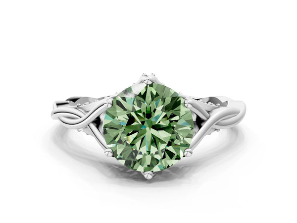 Platinum Fancy Green Round  Solitaire Twist Band Six-Prong Setting