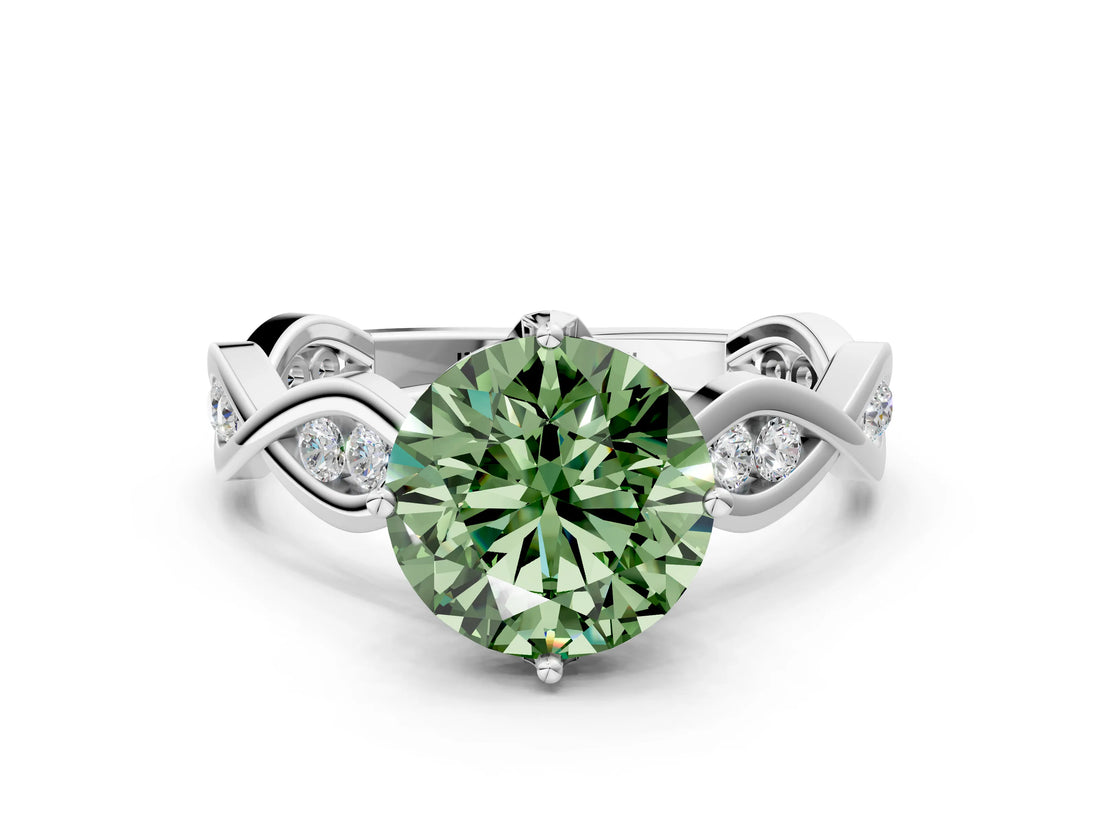 Platinum Fancy Green Round  Solitaire Twist Band with Leaf Prong Setting 2